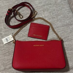 Michael Kors Red Crossbody Bag with Gold Chain & Matching Card Wallet